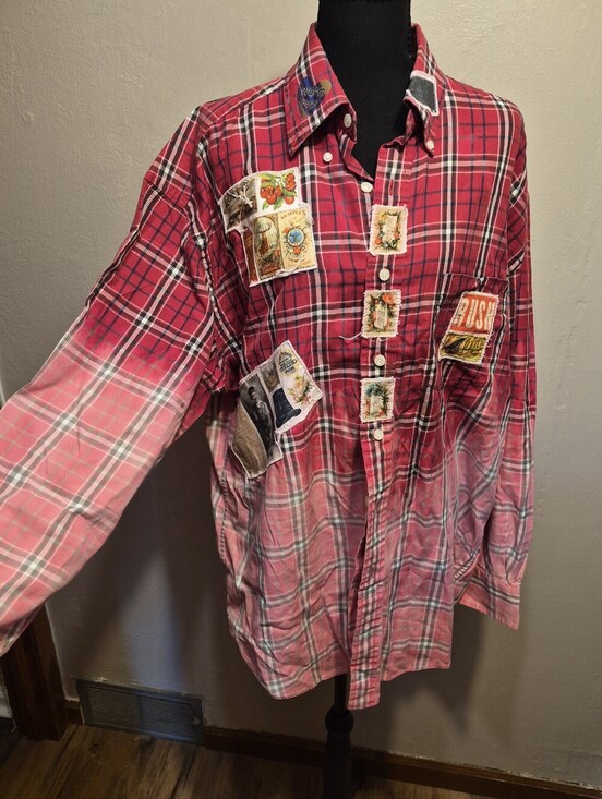 Nautica Tops - Nautica Upcycled Red Ombre Plaid Button-Up Shirt With Patches